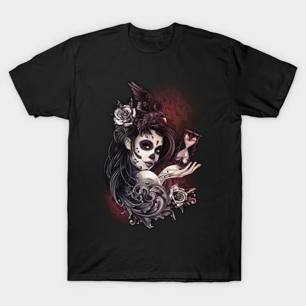 Sugar Skull day of the dead Girl with Crow Roses T-Shirt by bomazu